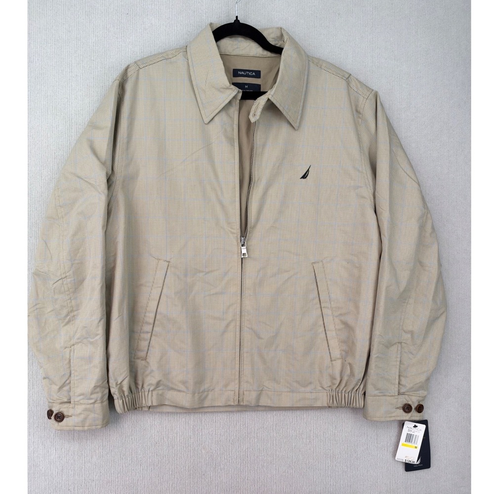 NWT Nautica Men's M Plaid Harrington Jacket Water Resistant Tan Blue $128